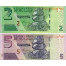 (715) ** PN101a,102a Zimbabwe 2 & 5 Dollars Year 2019 (2 Notes)